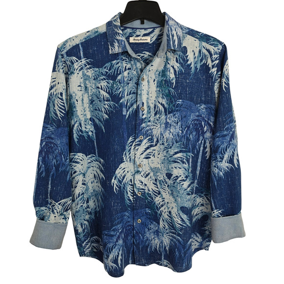 Tommy Bahama Island Zone Linen Shirt Size Medium Blue Indigo Evening Beach Aloha - Picture 3 of 13
